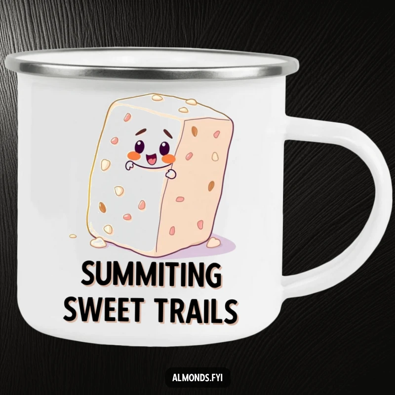 Funny camping mug showing a determined almond character climbing a large sugar cube, perfect for enjoying drinks during expeditions.
