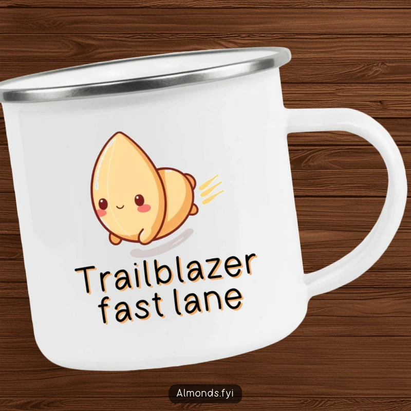 Funny enamel camping mug featuring a playful almond character sliding rapidly down a polished surface, perfect for adventurous, fast-paced mornings.