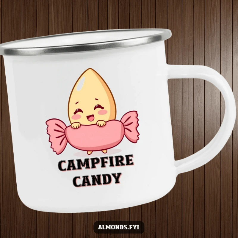 Funny giggling almond character peeking from behind a giant candy wrapper on a rugged camping mug for outdoor fun.