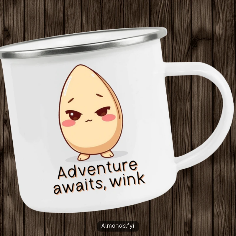 Funny camping mug with a giggling almond character slyly winking, designed for outdoor adventures and adding a dose of humor.