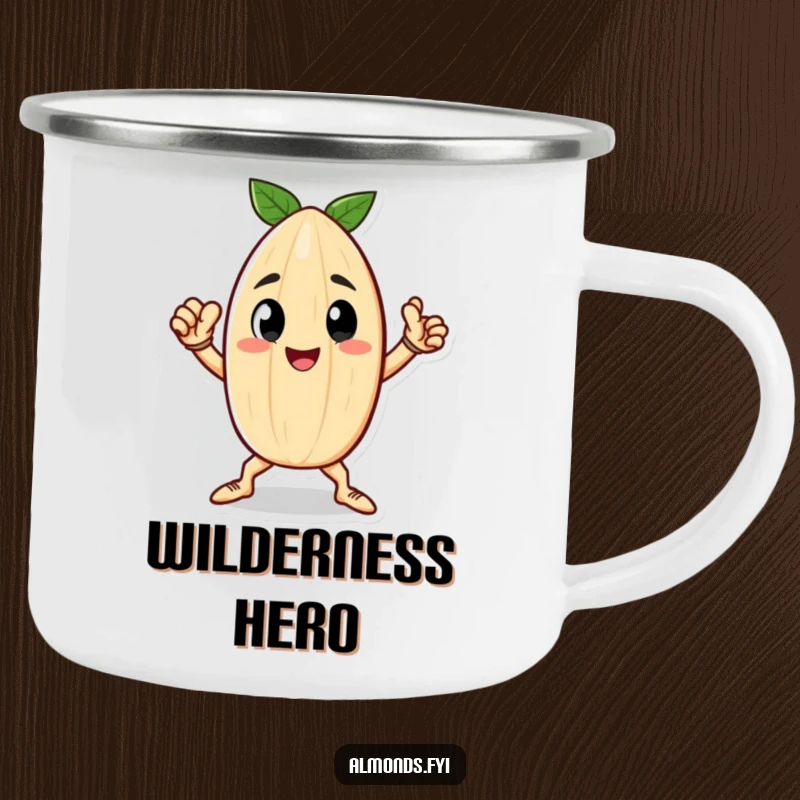 Funny camping mug with a happy little almond character striking a heroic pose, perfect for outdoor inspiration.
