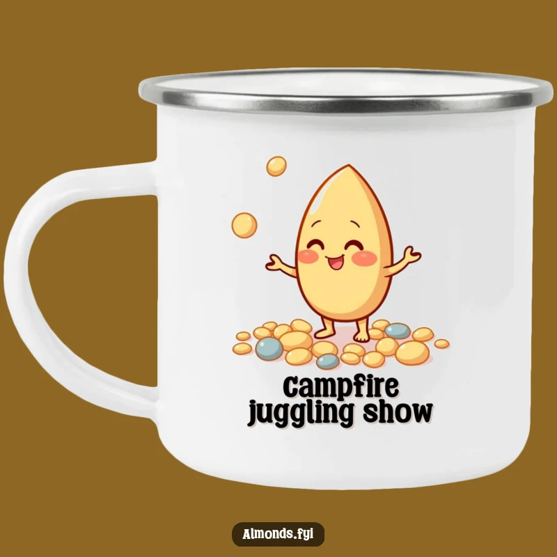 Funny Juggling Almond Camping Mug: Nutty Character for Outdoor Amusements