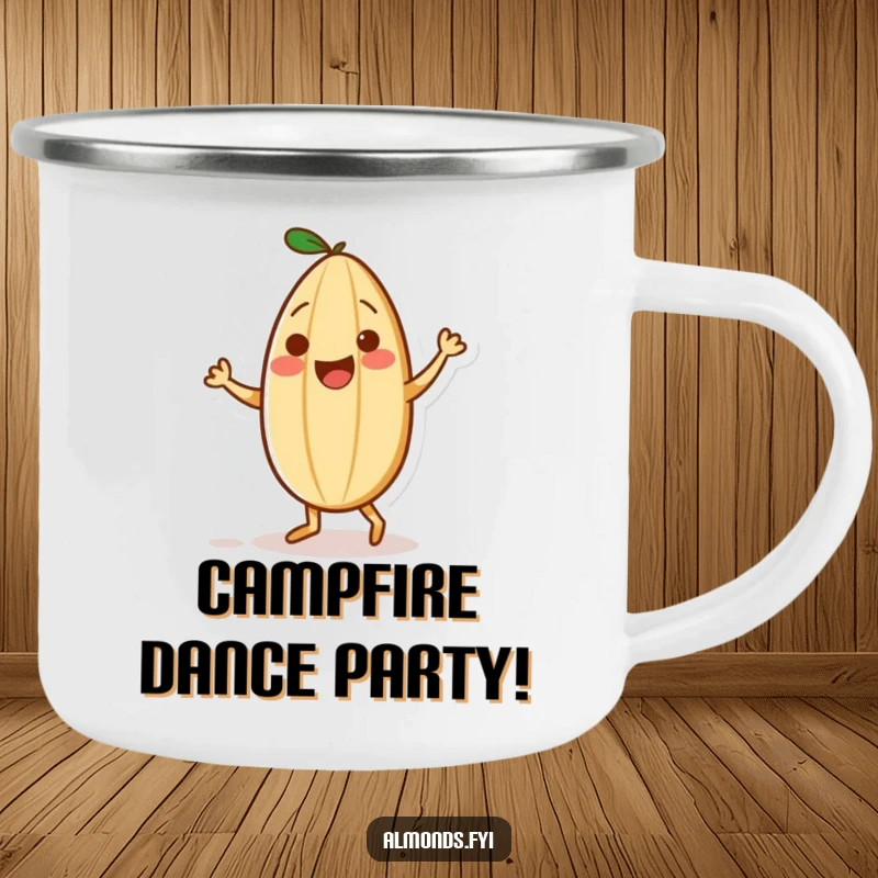 Funny camping mug depicting a playful almond character dancing with a tiny sprinkle partner, perfect for outdoor enjoyment.