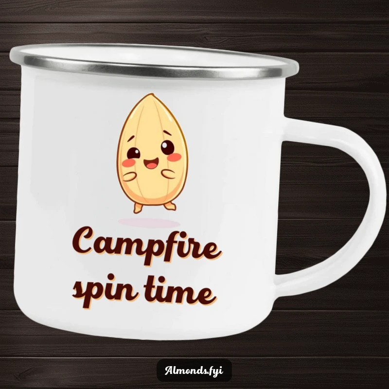 Funny camping mug: A giggling almond character in a spin, perfect for outdoor fun and smiles.