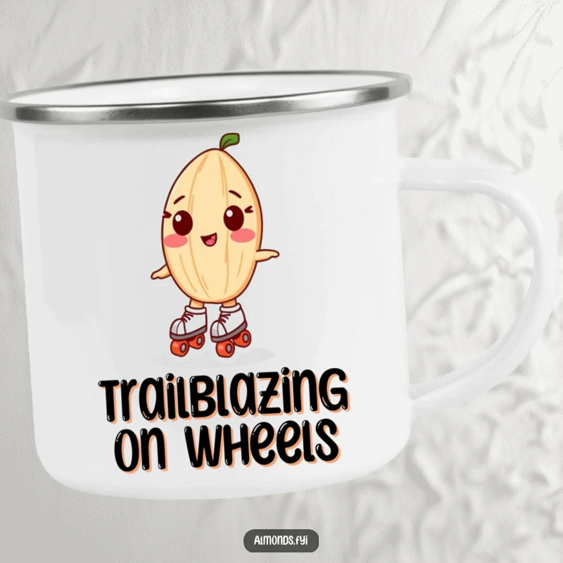 Funny camping mug: A resilient almond character on roller skates, ready for outdoor adventures and laughs.