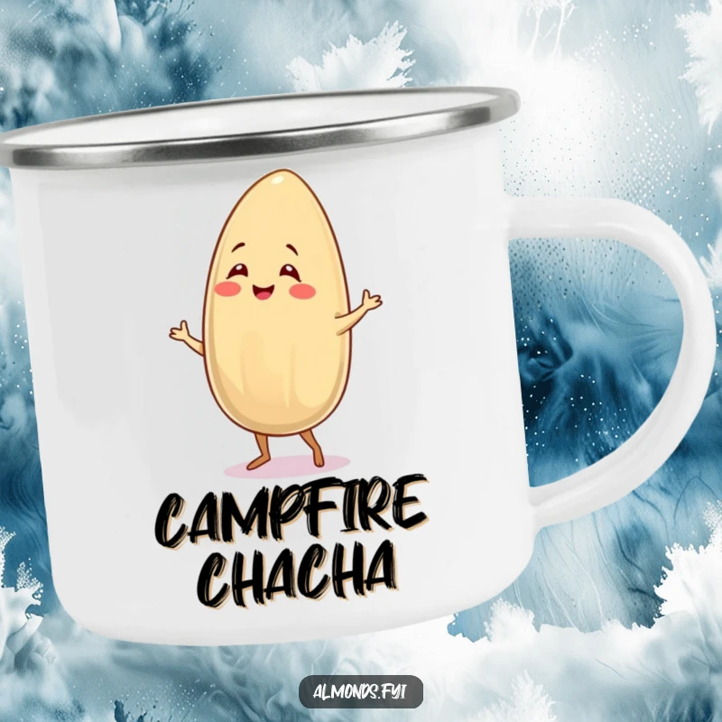 Funny camping mug depicting a smiling almond character dancing the salsa, for humorous outdoor nutty enjoyment.