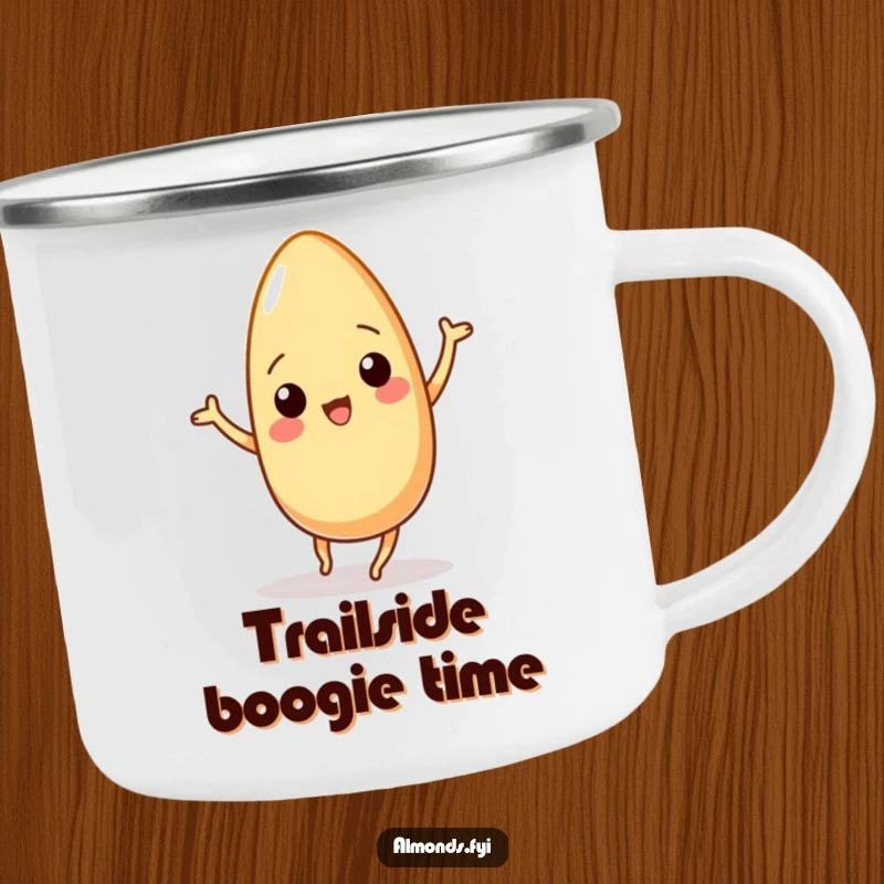Funny camping mug with a wiggling almond character dancing energetically, ideal for sipping beverages during outdoor escapades.