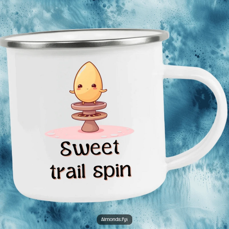 Funny camping mug featuring a wobbly almond balancing on a spinning sugar top, durable and humorous gift for outdoor fun.