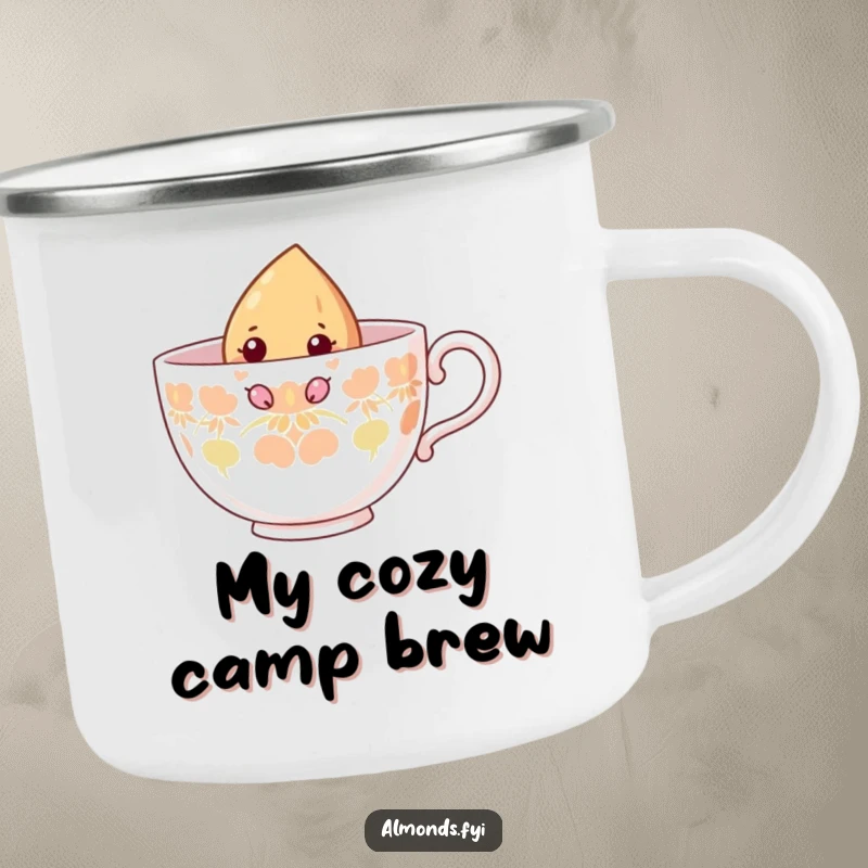 Funny camping mug depicting a curious almond character peeking from inside a giant teacup, perfect for outdoor enjoyment.