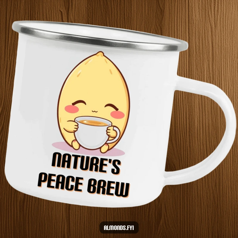 Funny enamel camping mug featuring a contented almond character peacefully enjoying a tiny cup of tea, perfect for relaxed camping mornings.