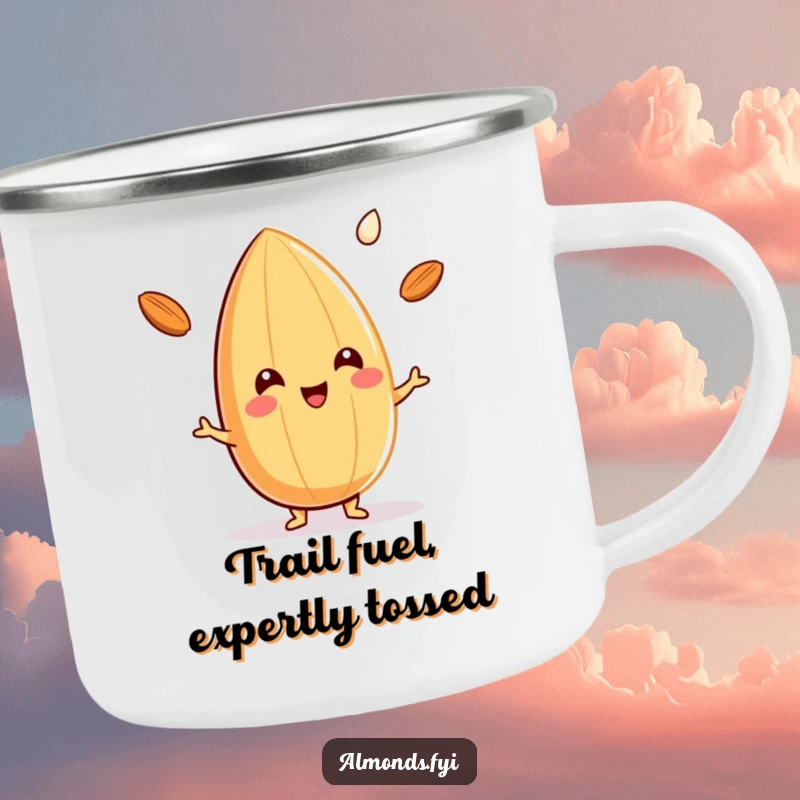 Funny camping mug with a happy almond character juggling three tiny drops of almond milk, ready for outdoor enjoyment.
