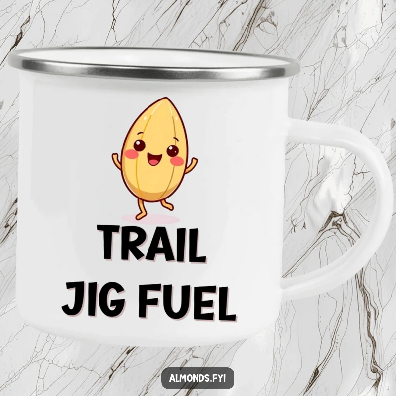 Funny camping mug featuring a happy almond character doing a little jig, its shell wiggling with portable joy.