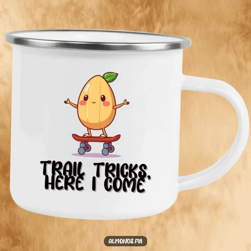 Funny camping mug with a whimsical almond character balancing on a tiny skateboard, enjoying the outdoors.
