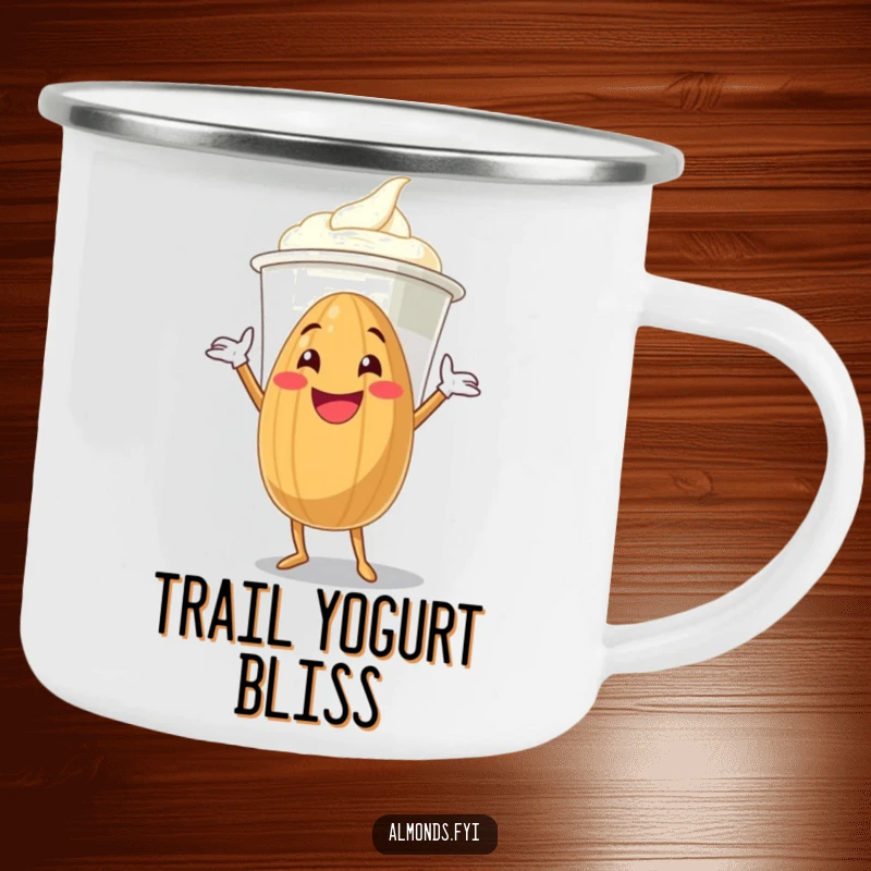 Funny grinning almond character enthusiastically hugging a giant yogurt cup on a durable enamel camping mug.