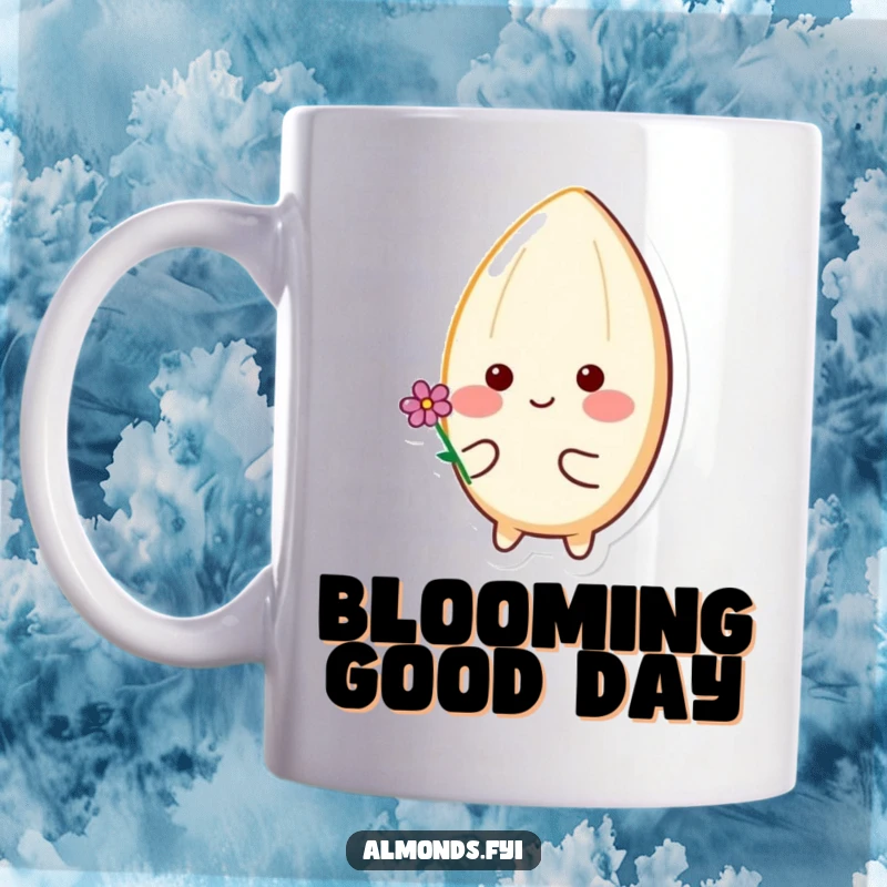Funny mug showcasing a cheerful almond character with rosy cheeks, gently holding a tiny, delicate flower, radiating warmth and joy.