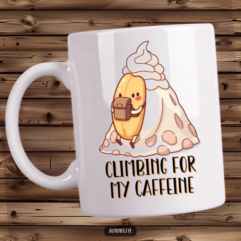 Funny determined almond with a backpack hiking up a whipped cream mountain on a mug, for adventurers.