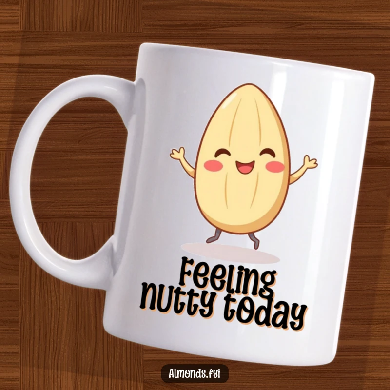 Funny mug showcasing a smiling almond character joyfully dancing with its tiny legs, radiating pure happiness and quirky energy.