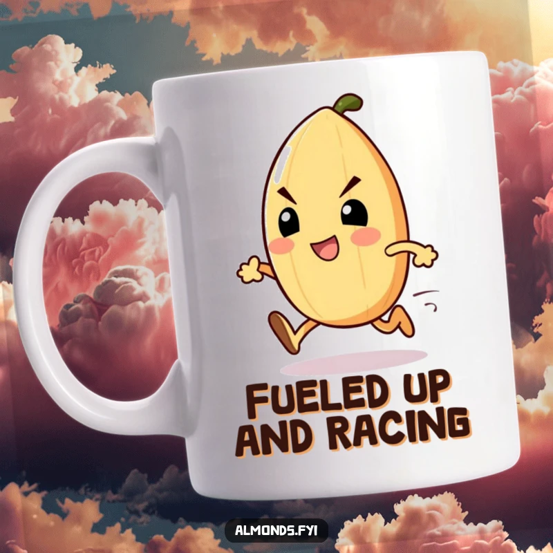Funny Sprinting Almond Mug: An excited almond character with a determined face, captured mid-sprint. Perfect funny gift for runners.