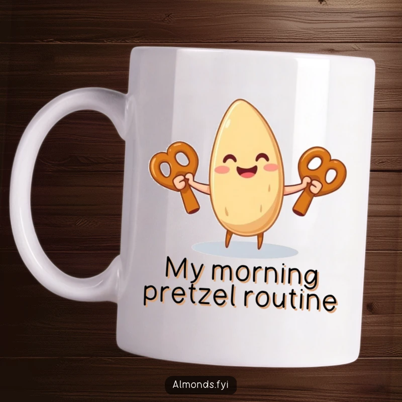 Funny mug featuring a joyous almond character expertly juggling three oversized pretzel sticks with a huge, happy smile.