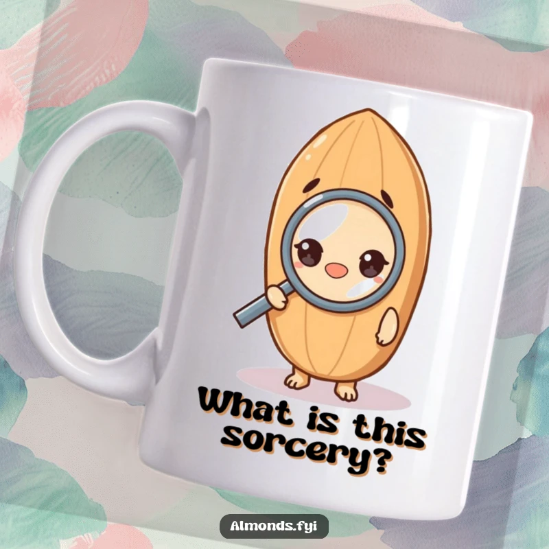 Funny mug showing a curious almond character using a magnifying glass to examine something closely, representing investigation and humor.
