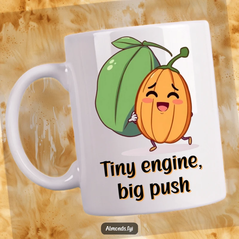 Funny mug showing a small almond character comically pushing a huge, smiling raisin, embodying effort and friendship.