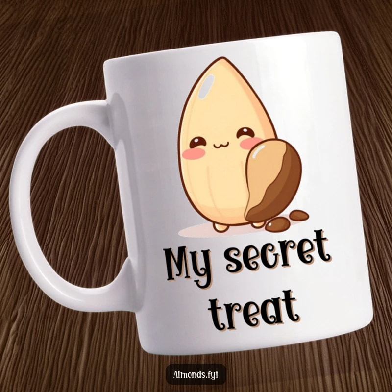 Funny mug: bashful almond character blushing deeply while hiding behind a large, tempting chocolate chip.