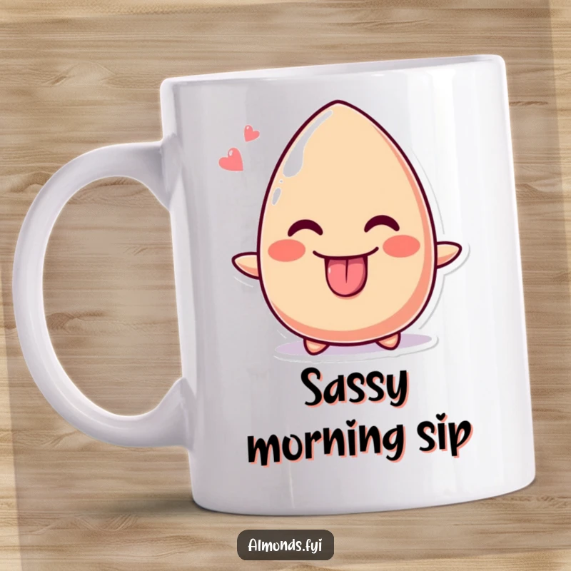 Funny mug showing a cute almond character playfully sticking out its tongue with a wide, cheeky grin.