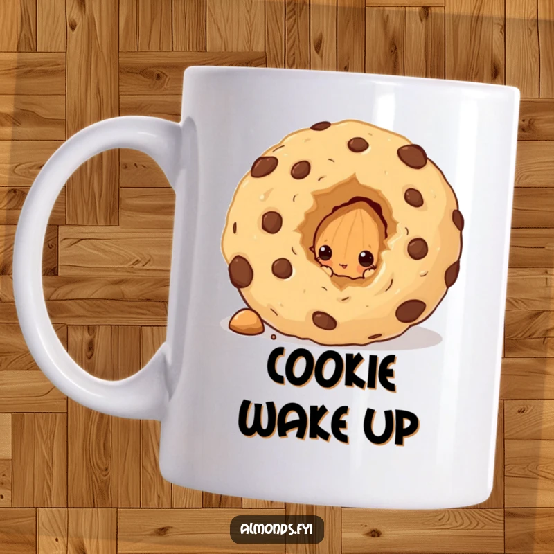 Funny mug with a curious almond character peeking from behind an enormous cookie crumb, looking intrigued and ready for a treat.