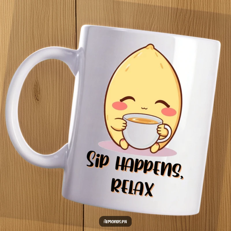 Funny mug with a contented almond character, eyes closed, peacefully enjoying a tiny cup of tea, symbolizing ultimate relaxation.