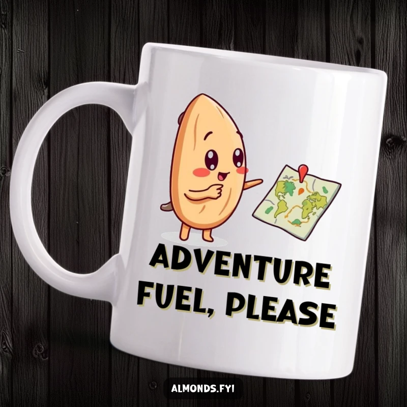 Funny mug featuring a curious almond character pointing excitedly at a tiny map, ready for an adventure.
