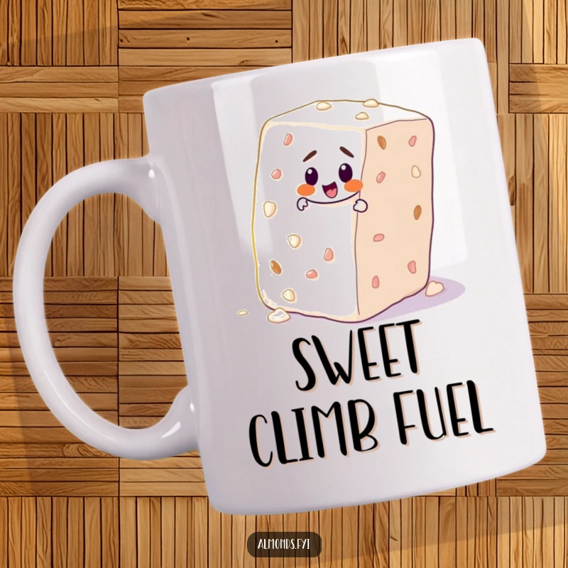 Funny mug showing a determined almond character struggling but pushing upwards on a giant sugar cube, symbolizing effort.