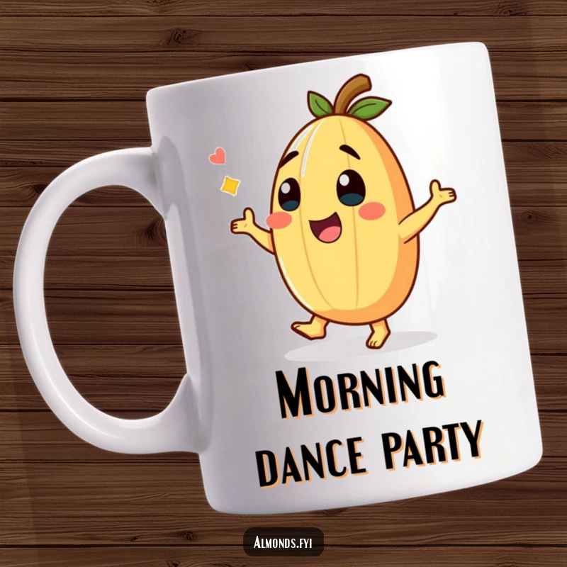 Funny Mug featuring a giggling almond character performing a whimsical, funny dance with pure delight and amusement.