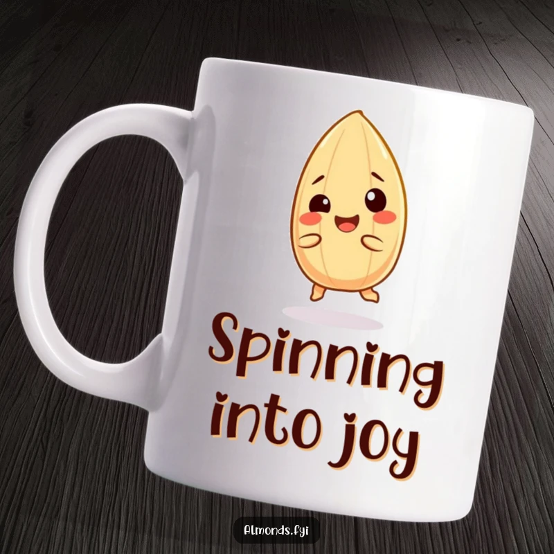 Funny mug: A cheerful almond character in a happy spin, giggling with delight and pure joy.