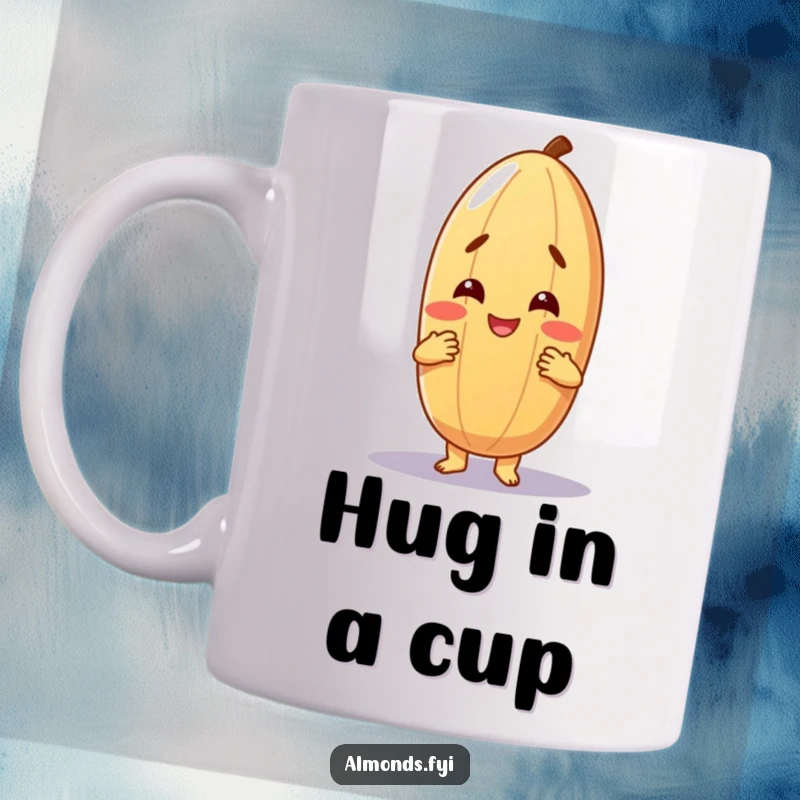 Funny coffee mug featuring a cheerful anthropomorphic almond character extending a warm, friendly hug, radiating kindness and comfort.