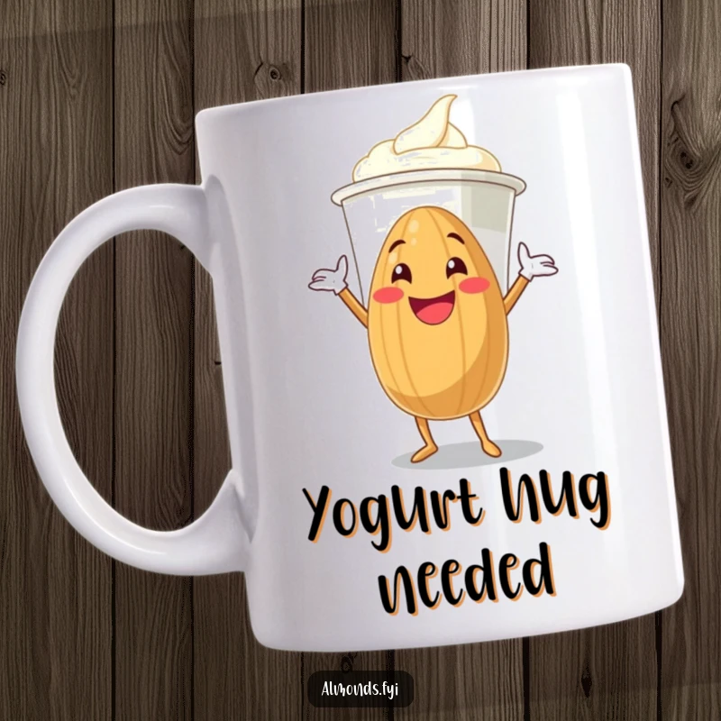 Funny grinning almond character with arms wide open, attempting to hug a comically large yogurt cup on this mug.