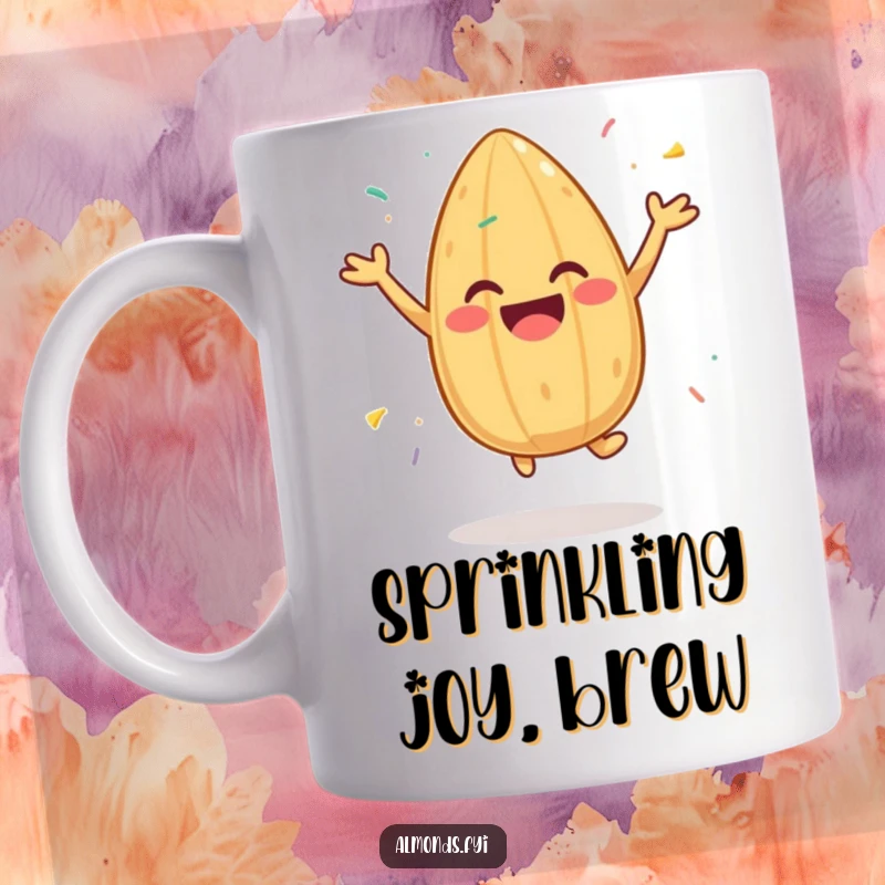 Funny mug featuring a cheerful almond character joyfully jumping amidst colorful sprinkles, embodying pure happiness.