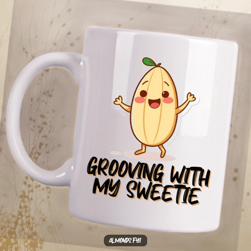 Funny mug showing a happy, playful almond character dancing joyfully with a tiny, colorful sprinkle as its partner, full of rhythm.