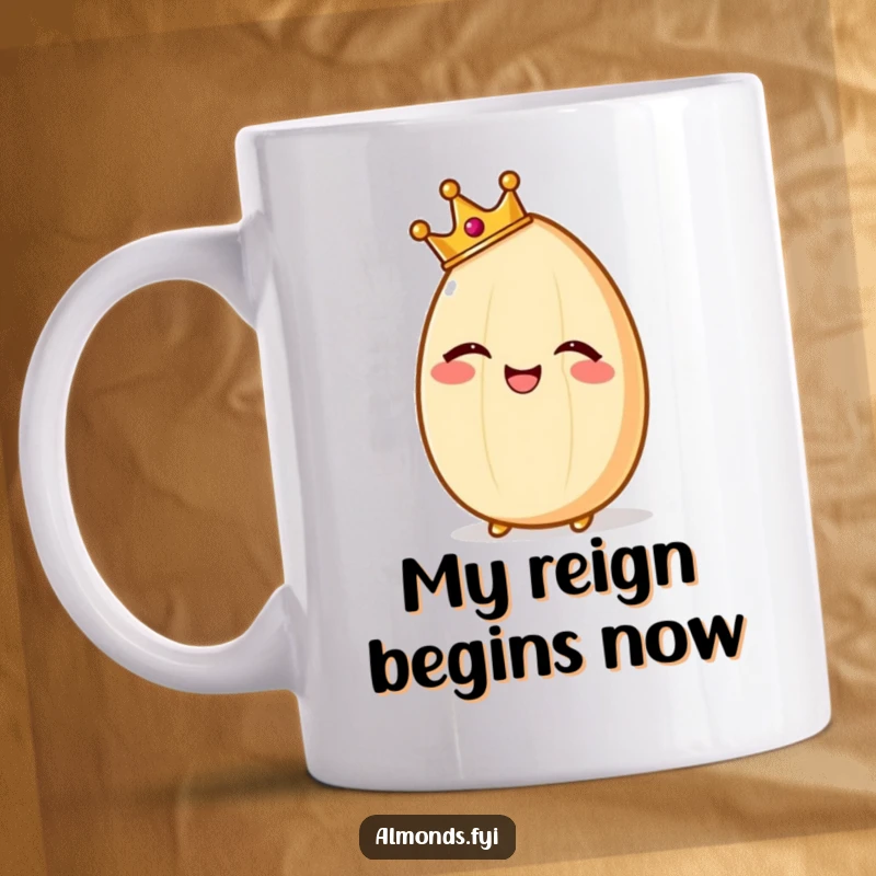 Funny mug featuring a giggling almond character wearing a small golden crown, looking down with a regal and amused expression.