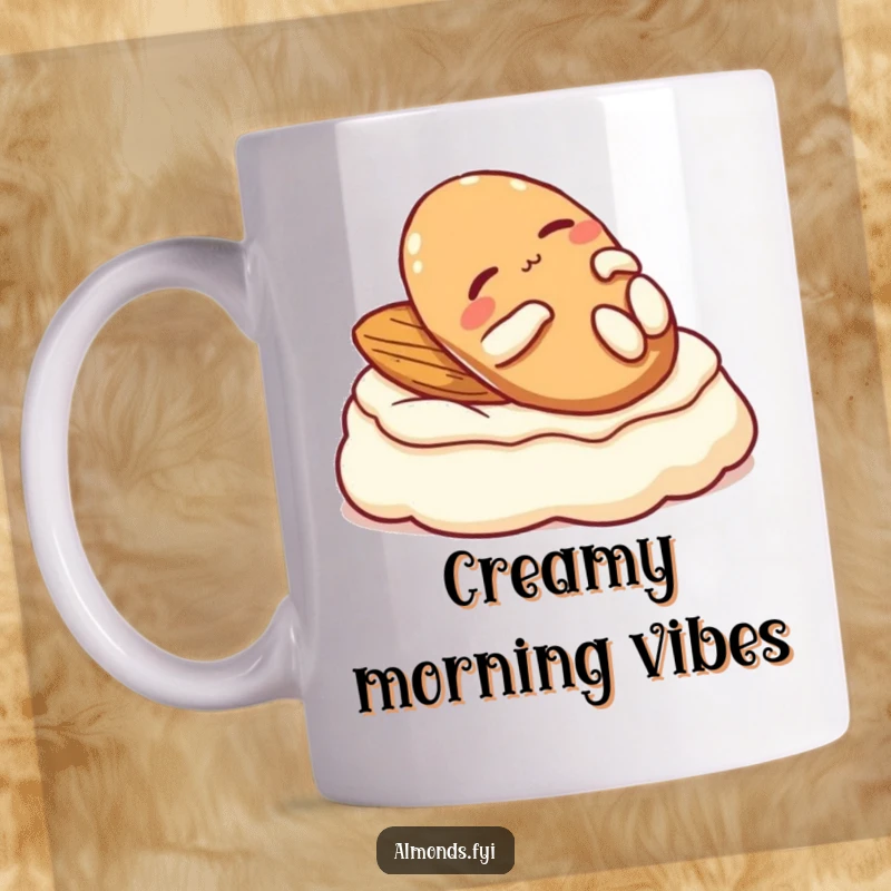 Funny mug: A supremely relaxed almond character blissfully lounging on a soft dollop of cream.