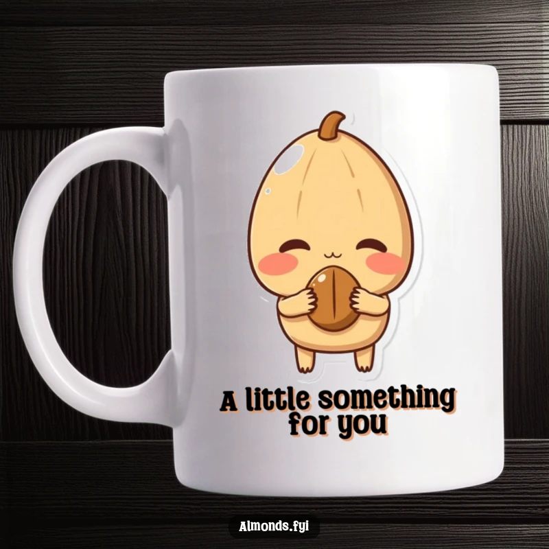 Funny Mug featuring a shy almond character blushing deeply while hesitantly offering a small nut, conveying sweet awkwardness.