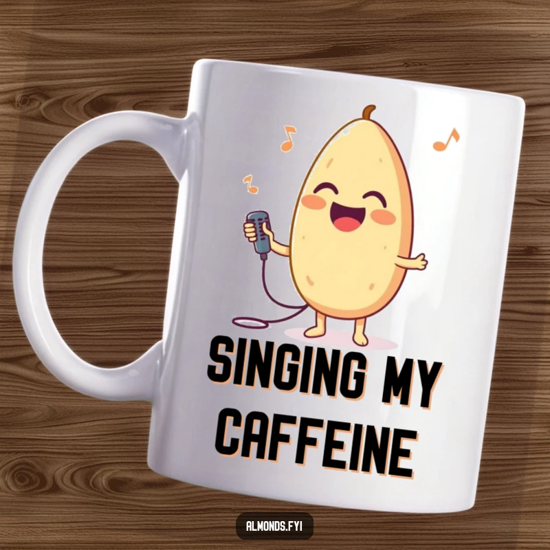Funny mug showing a happy almond character holding a small microphone and singing with pure joy.