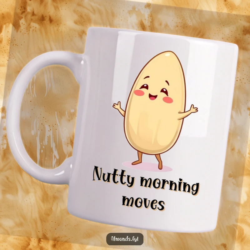 Funny mug showcasing a smiling almond character performing a playful salsa dance, embodying nutty joy and rhythm.
