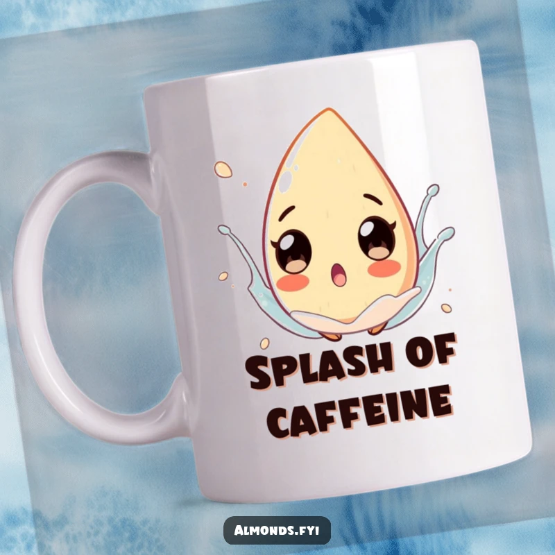 Funny almond character with exaggerated, surprised eyes floating in a playful splash, captured on a coffee mug.