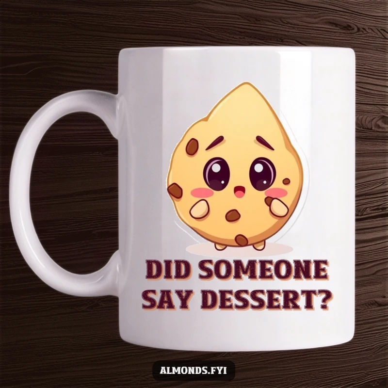 Funny mug showing a wide-eyed, surprised almond character gasping at the sight of an enormous cookie, full of shock and desire.