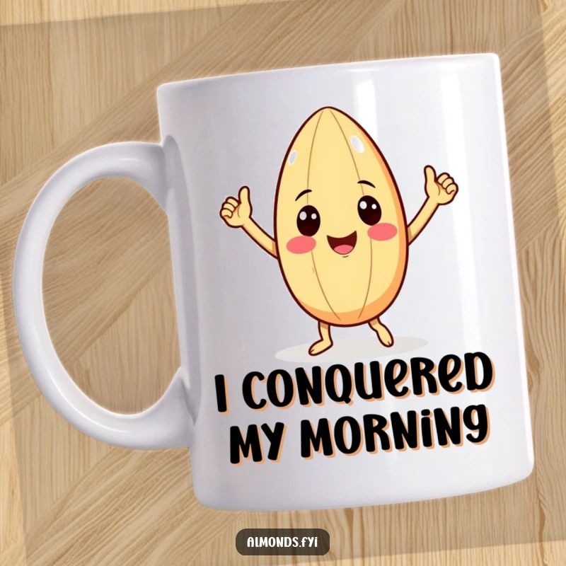 Funny coffee mug featuring a smiling almond with tiny arms doing a joyful victory dance, expressing pure happiness and accomplishment.
