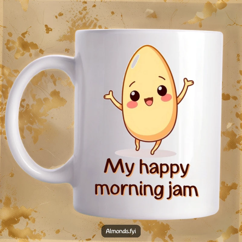 Funny mug showcasing a wiggling almond character in a silly, energetic dance pose, radiating pure, unadulterated joy.