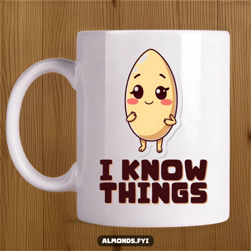 Funny mug: confident almond character winking slyly with a subtle smile, radiating cool and playful charm.