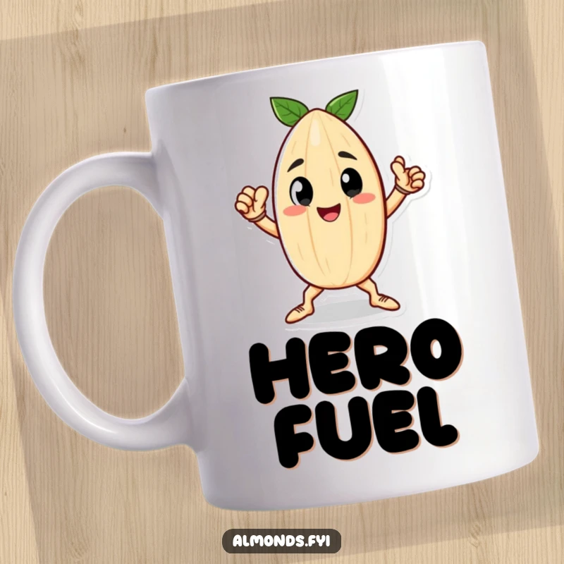 Funny mug depicting a happy little almond character striking a confident, heroic pose, ready for action.