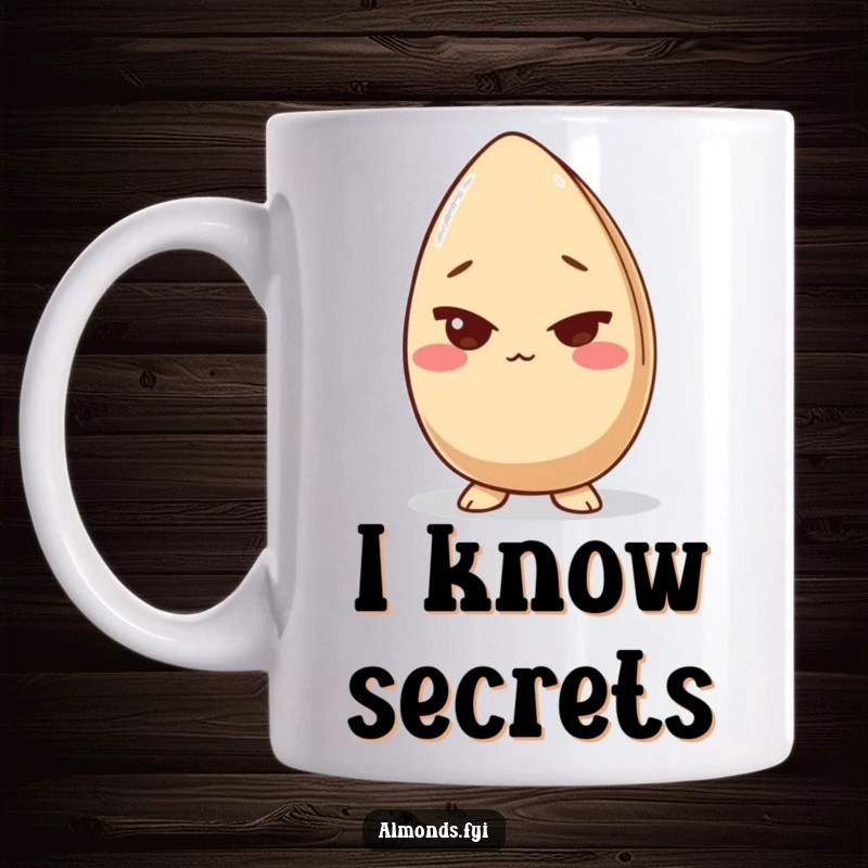 Funny mug with a giggling almond character slyly winking, bringing a playful and mischievous vibe to your morning coffee.