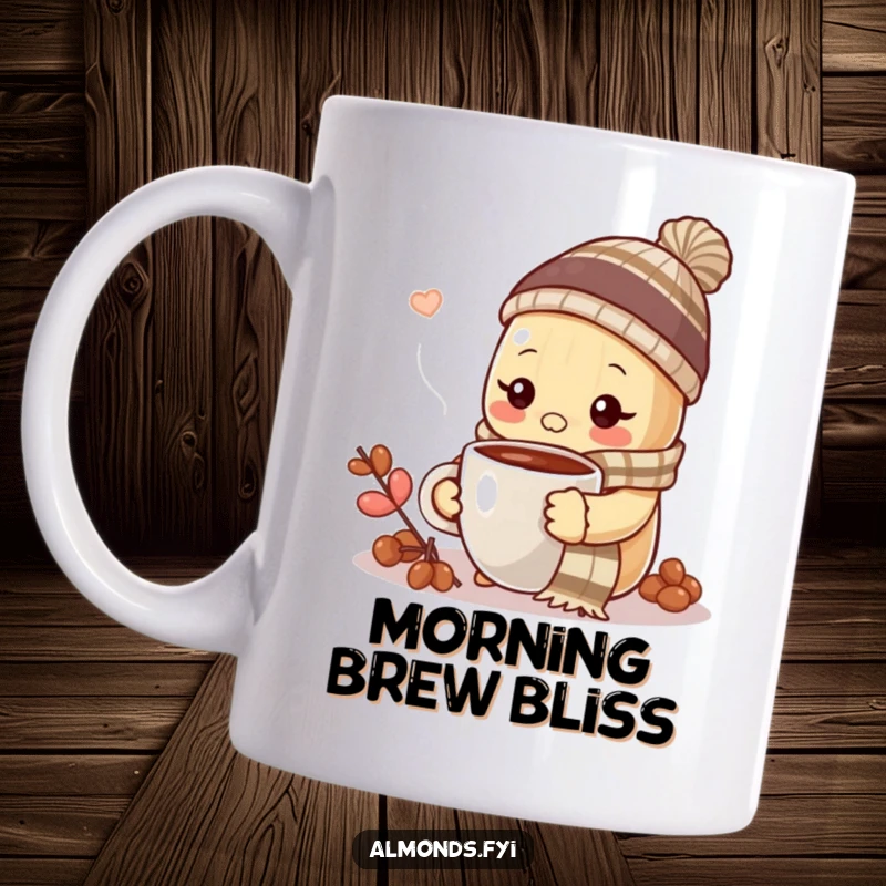 Funny almond wearing a scarf and hat, enjoying a hot cup of coffee on a mug, for coffee lovers.